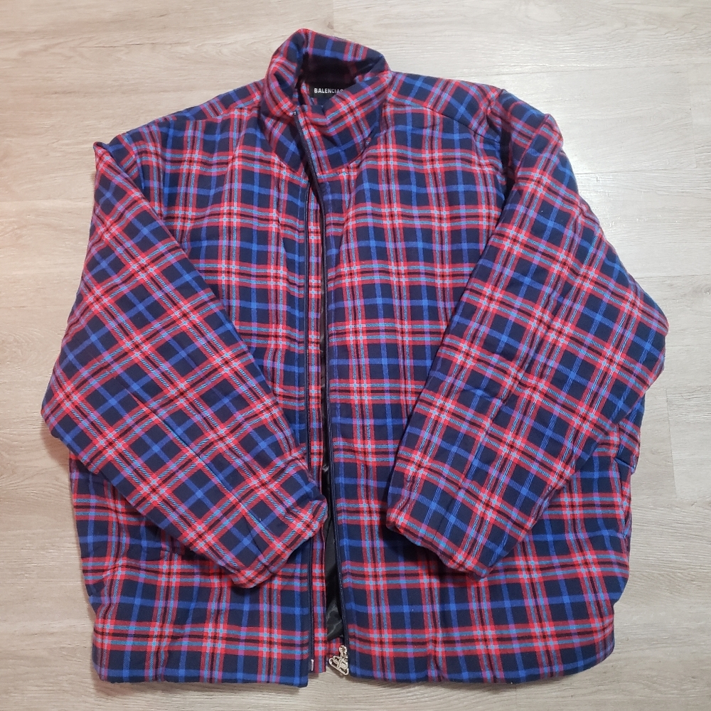 Balenciaga Red & Blue Plaid Puffer Jacket
